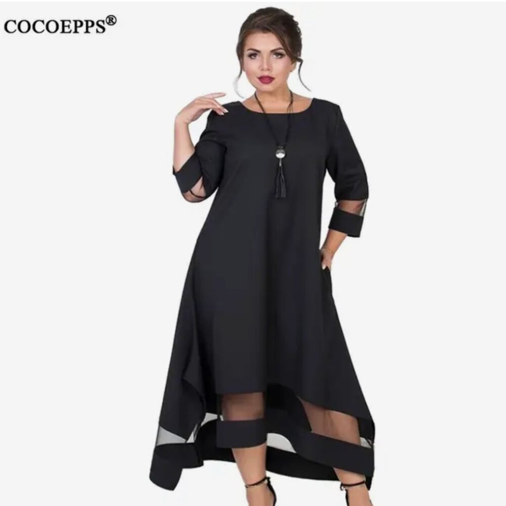NWT Black A Line Asymmetric Mesh Elegant Dress in Plus Size